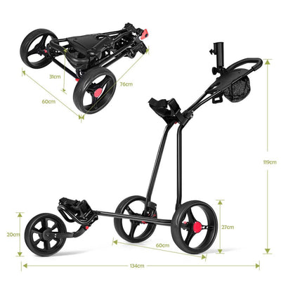 3-Wheel Folding Golf Push Cart with Adjustable Handle & Foot Brake