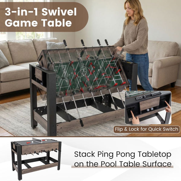 3-in-1 Swivel Games Table with Table Football, Pool & Table Tennis