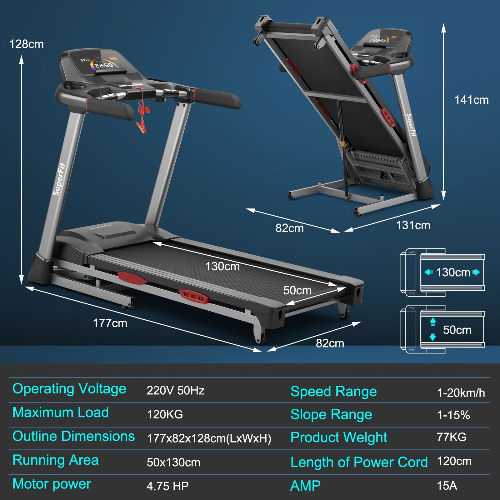4.75HP Folding Treadmill with Bluetooth Speakers