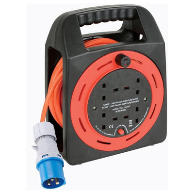 Mains Reel with 3-Pin 16A Plug to 4 x Socket for Caravan and Camping 15m