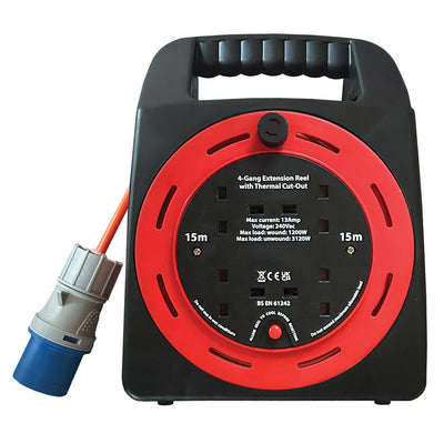 Mains Reel with 3-Pin 16A Plug to 4 x Socket for Caravan and Camping 15m