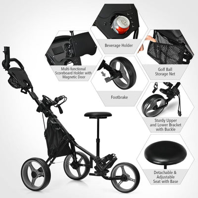 Golf Push Cart with Folding Seat and Swivel Front Wheel