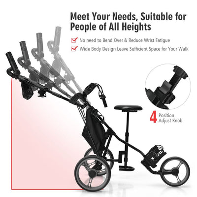 Golf Push Cart with Folding Seat and Swivel Front Wheel